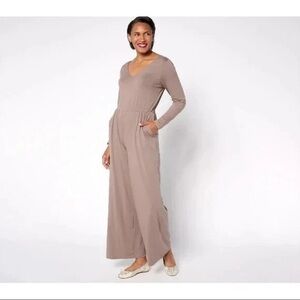 AnyBody Jumpsuit Size Plus 1XL Cozy Knit Long Sleeve VNeck Smoke Taupe Tan